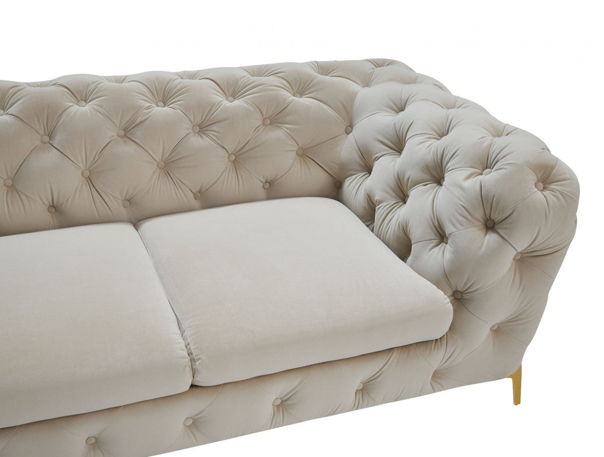 Contemporary 74" Beige Velvet And Gold Loveseat By Homeroots | Loveseats | Modishstore - 5