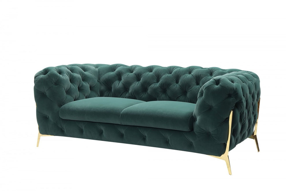 Glam 74" Green Velvet And Gold Loveseat By Homeroots | Loveseats | Modishstore - 2