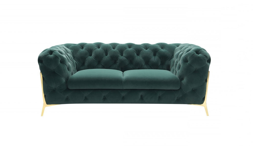 Glam 74" Green Velvet And Gold Loveseat By Homeroots | Loveseats | Modishstore - 4