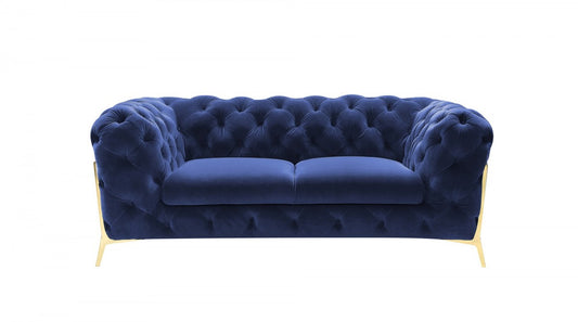 Contemporary 74" Blue Velvet And Gold Loveseat By Homeroots | Loveseats | Modishstore