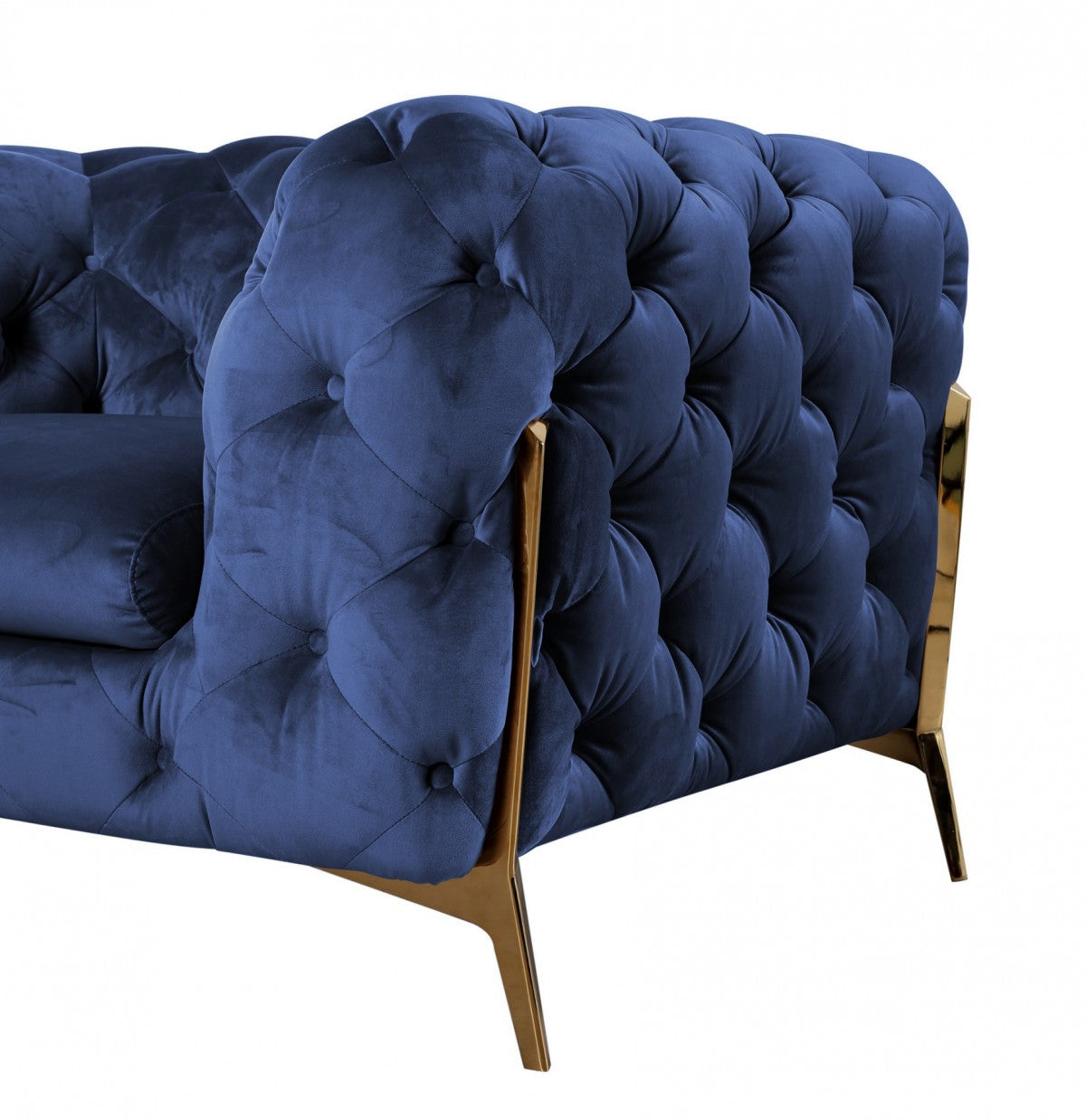 Contemporary 74" Blue Velvet And Gold Loveseat By Homeroots | Loveseats | Modishstore - 2