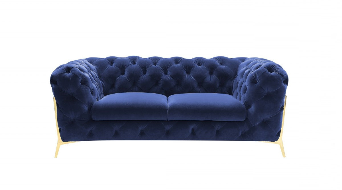 Contemporary 74" Blue Velvet And Gold Loveseat By Homeroots | Loveseats | Modishstore - 3