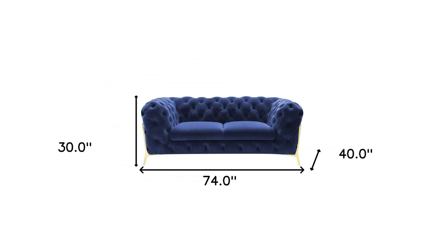 Contemporary 74" Blue Velvet And Gold Loveseat By Homeroots | Loveseats | Modishstore - 6