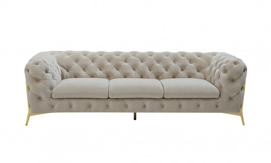 Contemporary 97" Beige Velvet And Gold Accent Sofa By Homeroots | Sofas | Modishstore