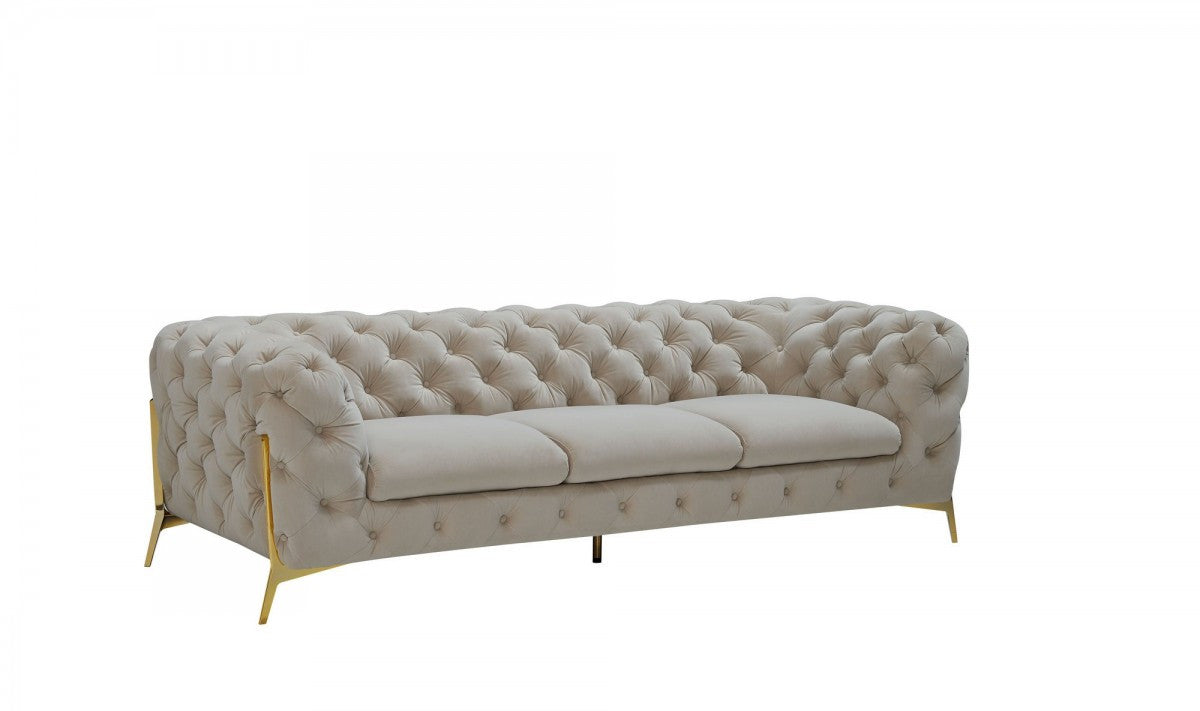 Contemporary 97" Beige Velvet And Gold Accent Sofa By Homeroots | Sofas | Modishstore - 2