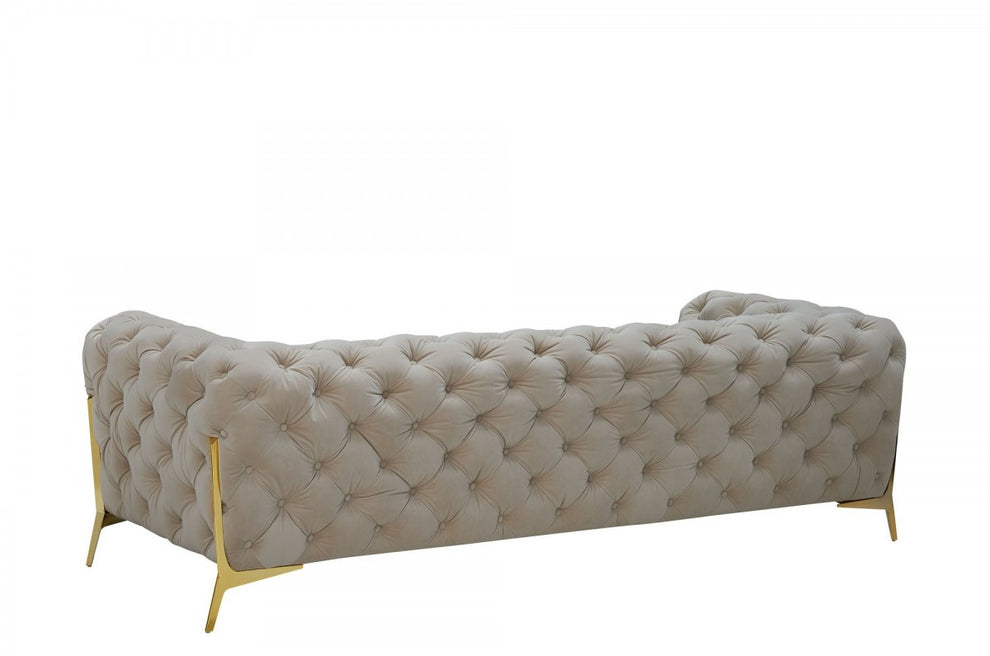 Contemporary 97" Beige Velvet And Gold Accent Sofa By Homeroots | Sofas | Modishstore - 3