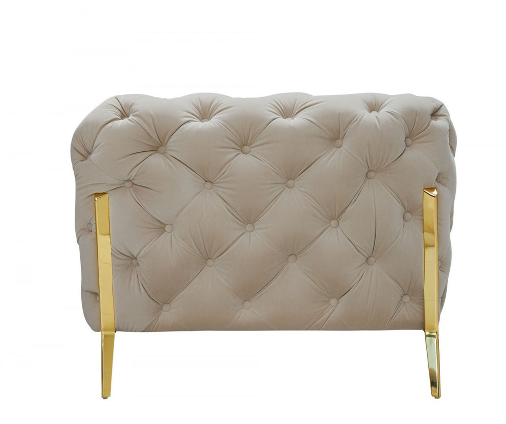Contemporary 97" Beige Velvet And Gold Accent Sofa By Homeroots | Sofas | Modishstore - 4