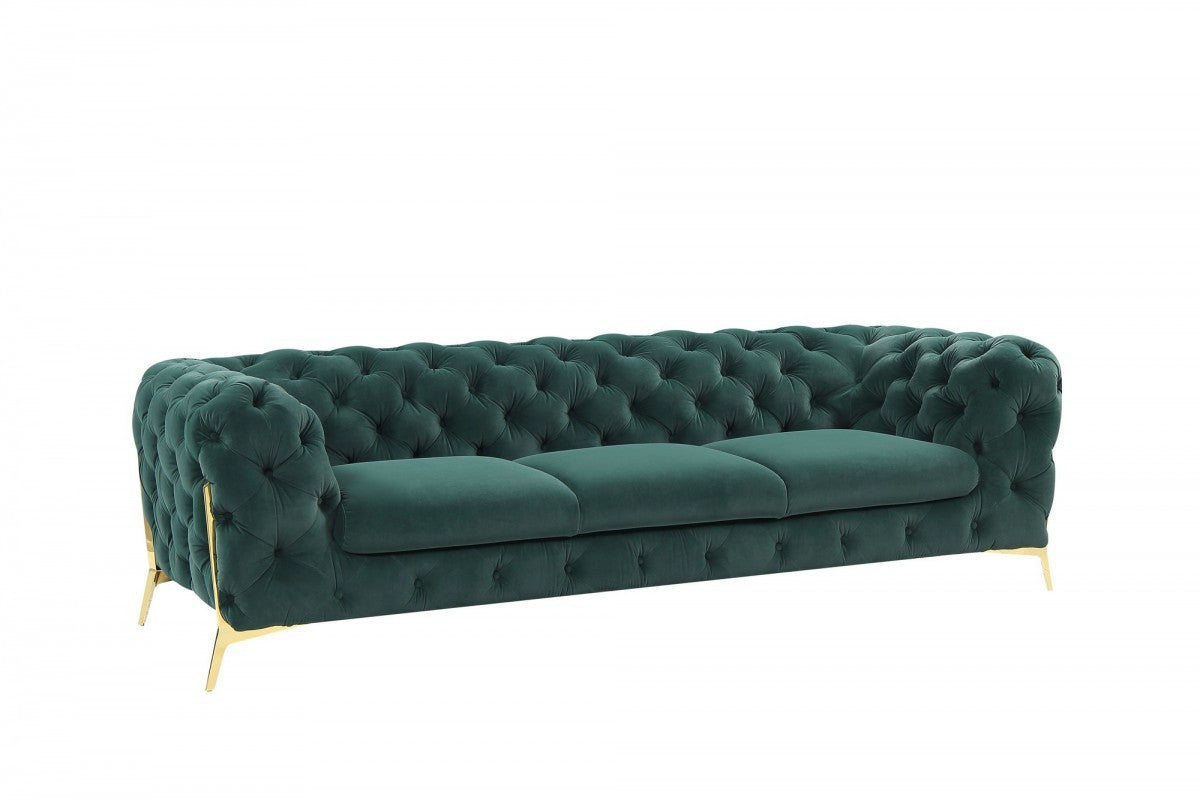 Glam 97" Green Velvet And Gold Accent Sofa By Homeroots | Sofas | Modishstore - 2