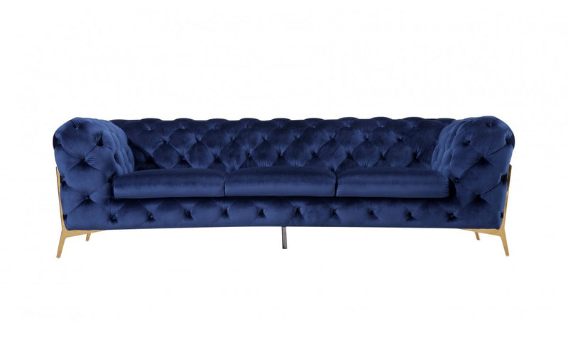 Contemporary 97" Blue Velvet And Gold Accent Sofa By Homeroots | Sofas | Modishstore