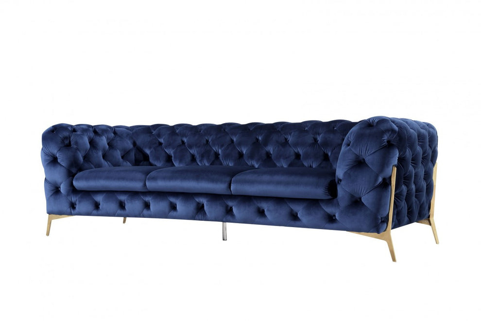 Contemporary 97" Blue Velvet And Gold Accent Sofa By Homeroots | Sofas | Modishstore - 2