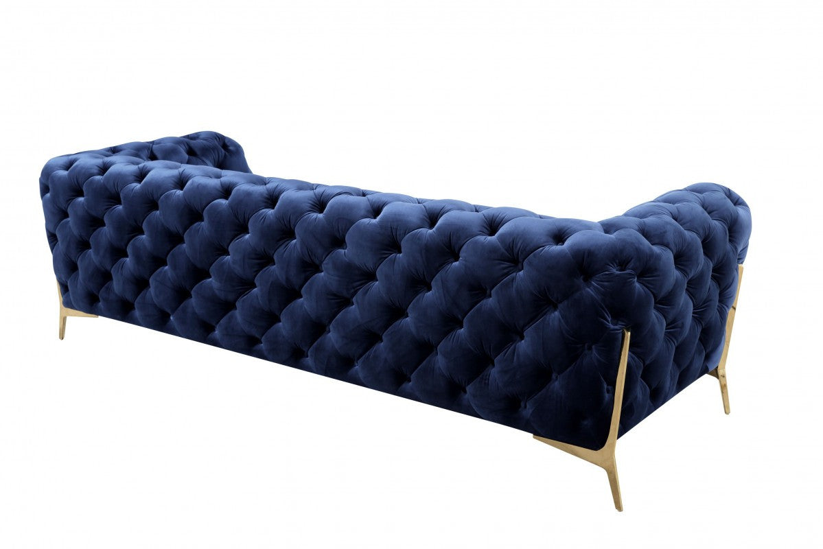 Contemporary 97" Blue Velvet And Gold Accent Sofa By Homeroots | Sofas | Modishstore - 3
