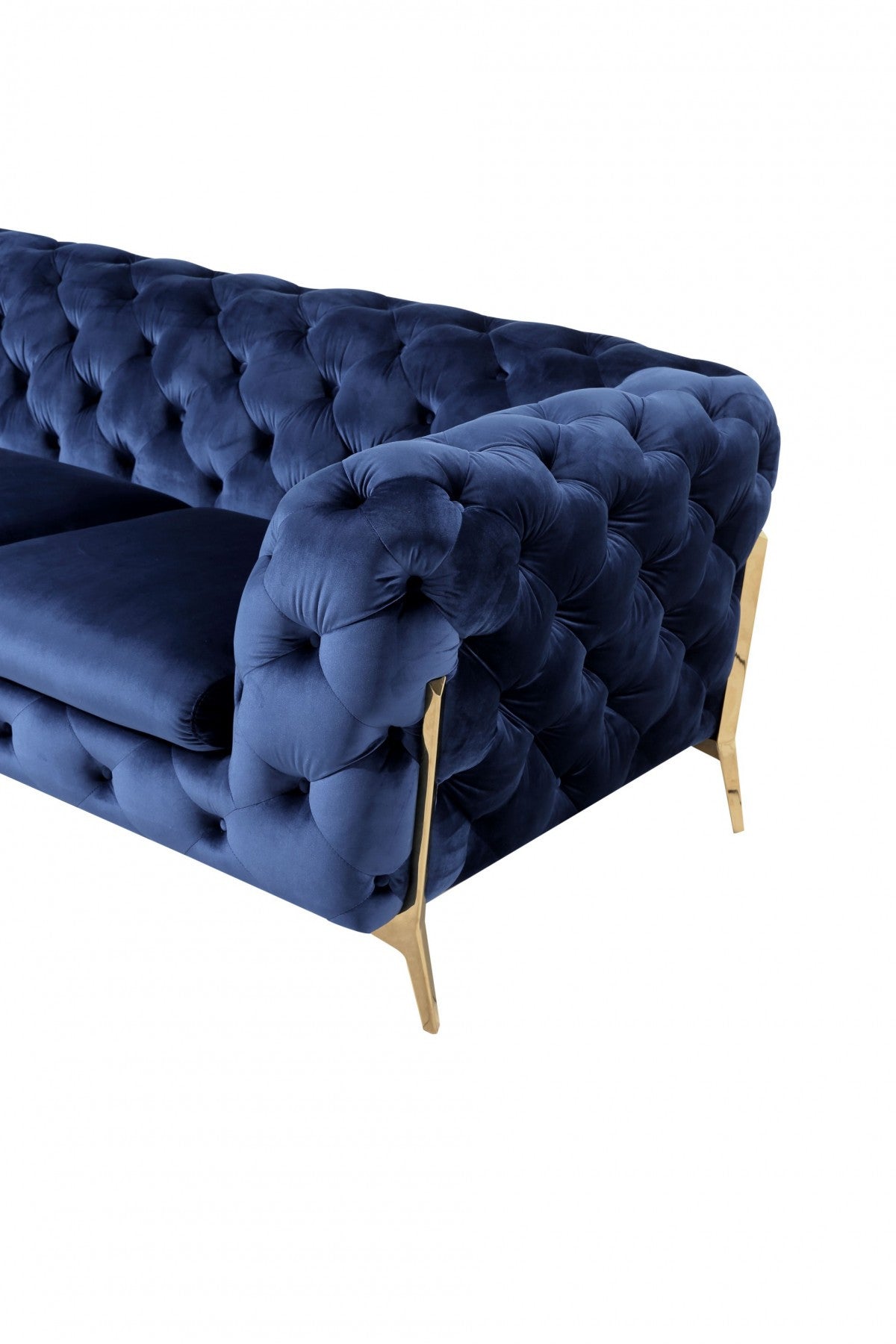 Contemporary 97" Blue Velvet And Gold Accent Sofa By Homeroots | Sofas | Modishstore - 4