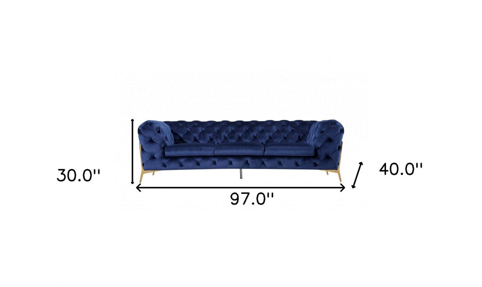 Contemporary 97" Blue Velvet And Gold Accent Sofa By Homeroots | Sofas | Modishstore - 5