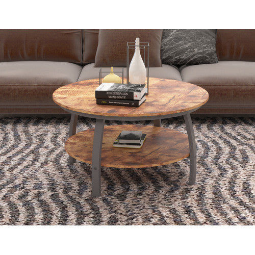 35" Two Tier Wood Grain Oak Manufactured Wood Round Coffee Table By Homeroots | Coffee Tables | Modishstore - 11