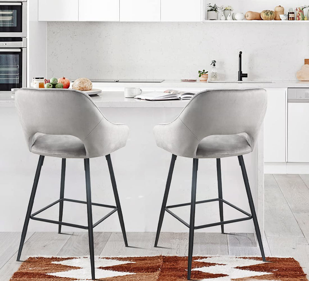 Set Of Two 38" Gray Velvet And Black Open Back Bar Height Chairs By Homeroots | Bar Stools | Modishstore - 5