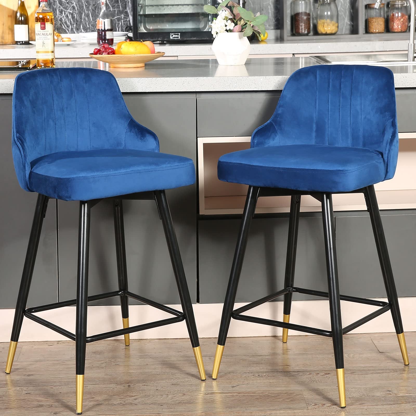 Set Of Two 36" Blue Velvet And Black And Gold Iron Swivel Bar Height Chairs By Homeroots | Bar Stools | Modishstore - 3