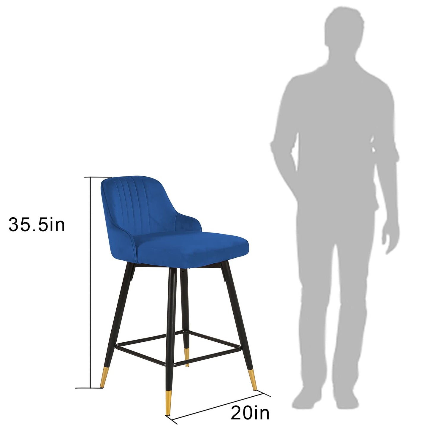 Set Of Two 36" Blue Velvet And Black And Gold Iron Swivel Bar Height Chairs By Homeroots | Bar Stools | Modishstore - 5