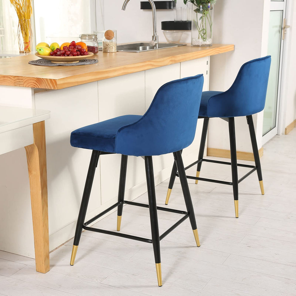 Set Of Two 36" Blue Velvet And Black And Gold Iron Swivel Bar Height Chairs By Homeroots | Bar Stools | Modishstore - 4