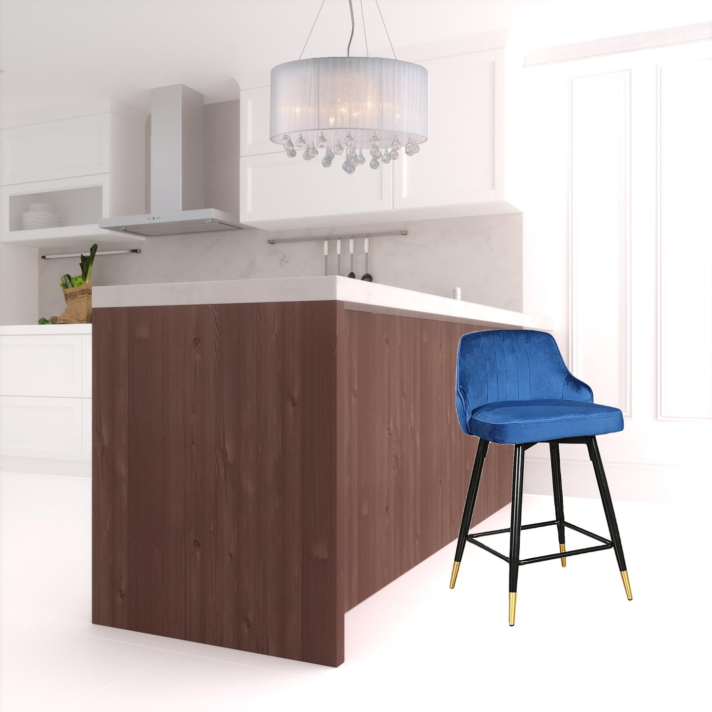 Set Of Two 36" Blue Velvet And Black And Gold Iron Swivel Bar Height Chairs By Homeroots | Bar Stools | Modishstore - 2