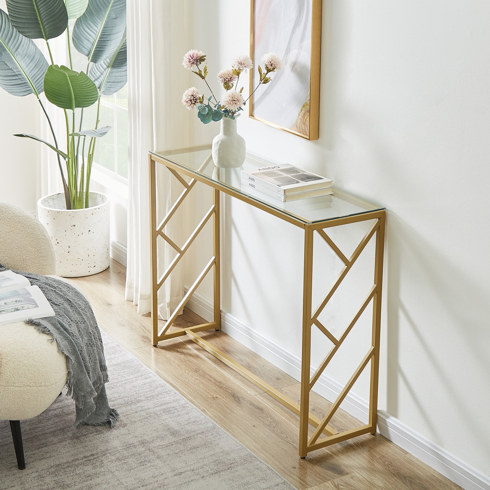 12" Clear and Gold Glass Frame Console Table By Homeroots | Console Tables | Modishstore - 7