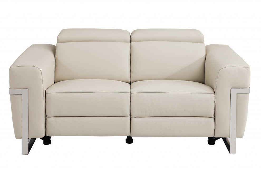 65" Beige Italian Leather with Chrome Accents Reclining Love Seat By Homeroots | Loveseats | Modishstore