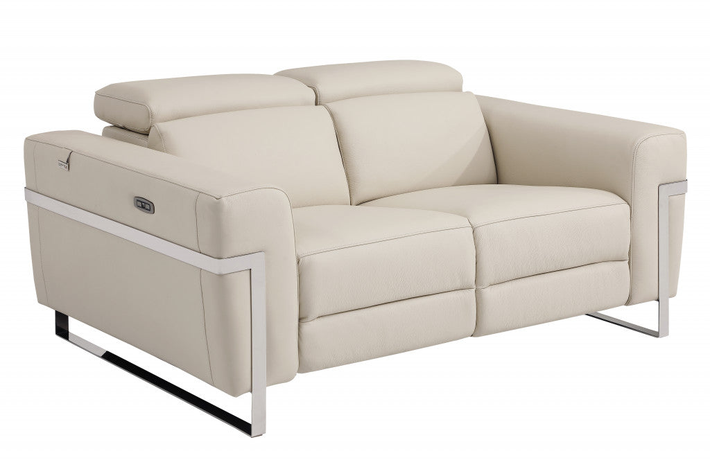 65" Beige Italian Leather with Chrome Accents Reclining Love Seat By Homeroots | Loveseats | Modishstore - 2