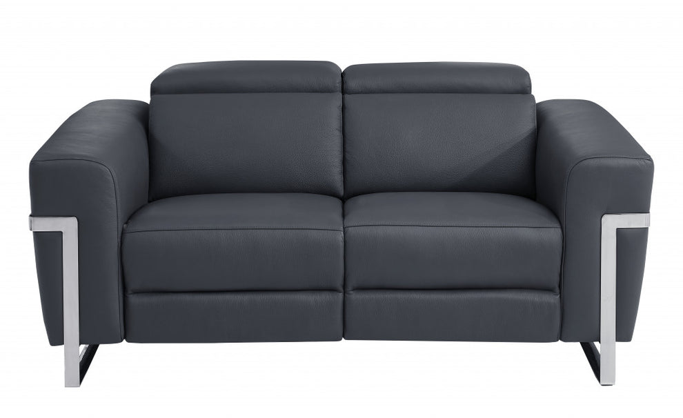 65" Beige Italian Leather with Chrome Accents Reclining Love Seat By Homeroots | Loveseats | Modishstore - 6