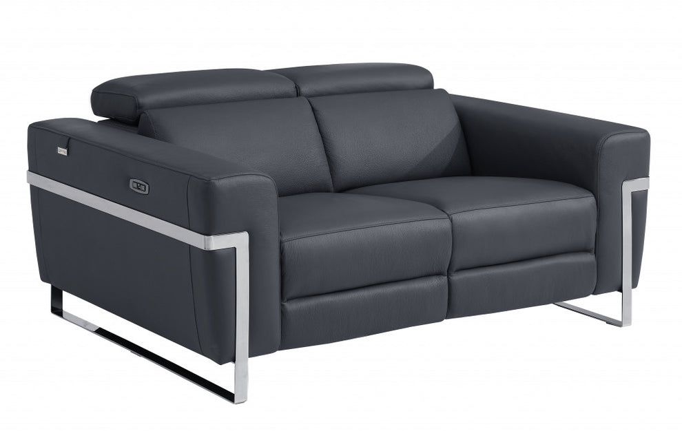 65" Beige Italian Leather with Chrome Accents Reclining Love Seat By Homeroots | Loveseats | Modishstore - 7