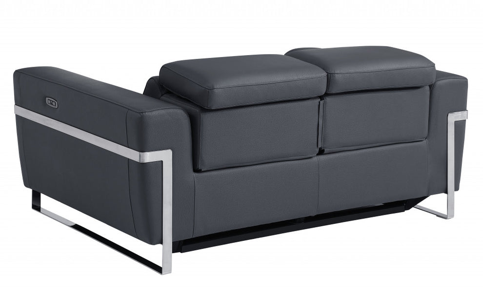 65" Beige Italian Leather with Chrome Accents Reclining Love Seat By Homeroots | Loveseats | Modishstore - 8