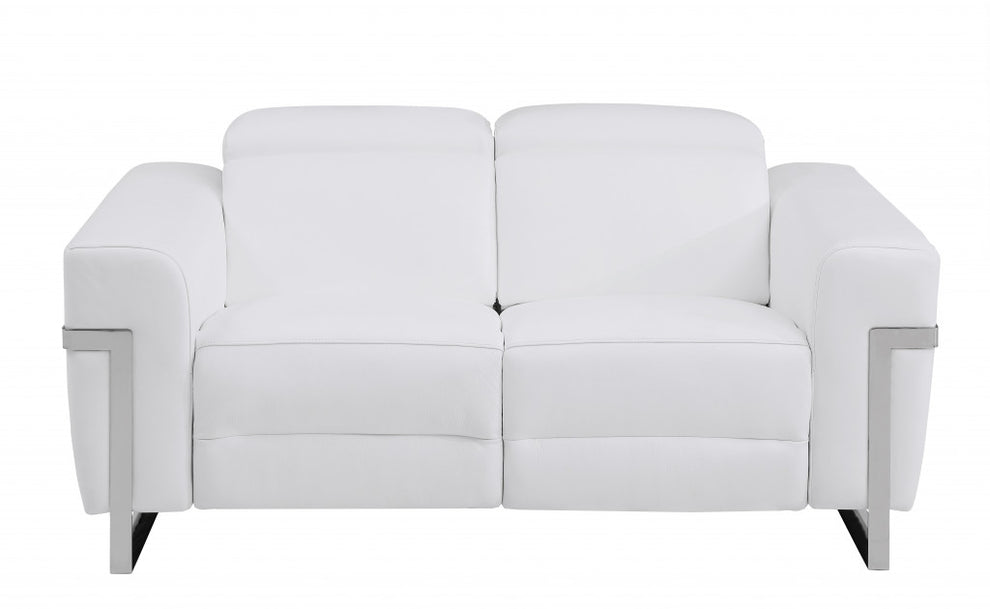 65" Beige Italian Leather with Chrome Accents Reclining Love Seat By Homeroots | Loveseats | Modishstore - 11