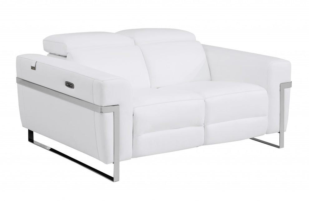 65" Beige Italian Leather with Chrome Accents Reclining Love Seat By Homeroots | Loveseats | Modishstore - 12