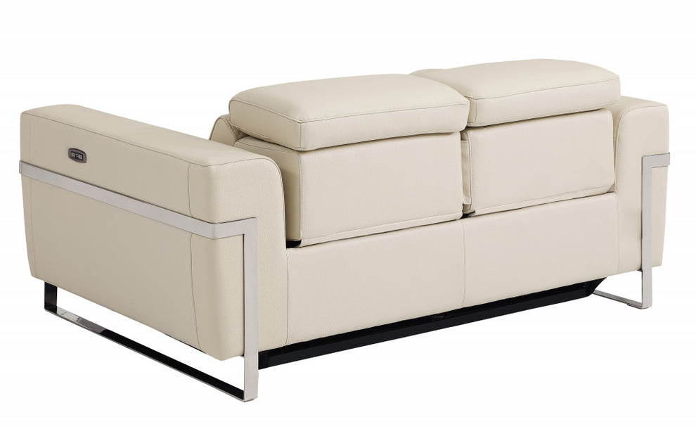 65" Beige Italian Leather and Stainless Reclining Love Seat By Homeroots | Loveseats | Modishstore - 4