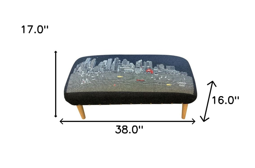 38" Black Boston Nighttime Skyline Embroidered Ottoman By Homeroots | Ottomans | Modishstore - 3