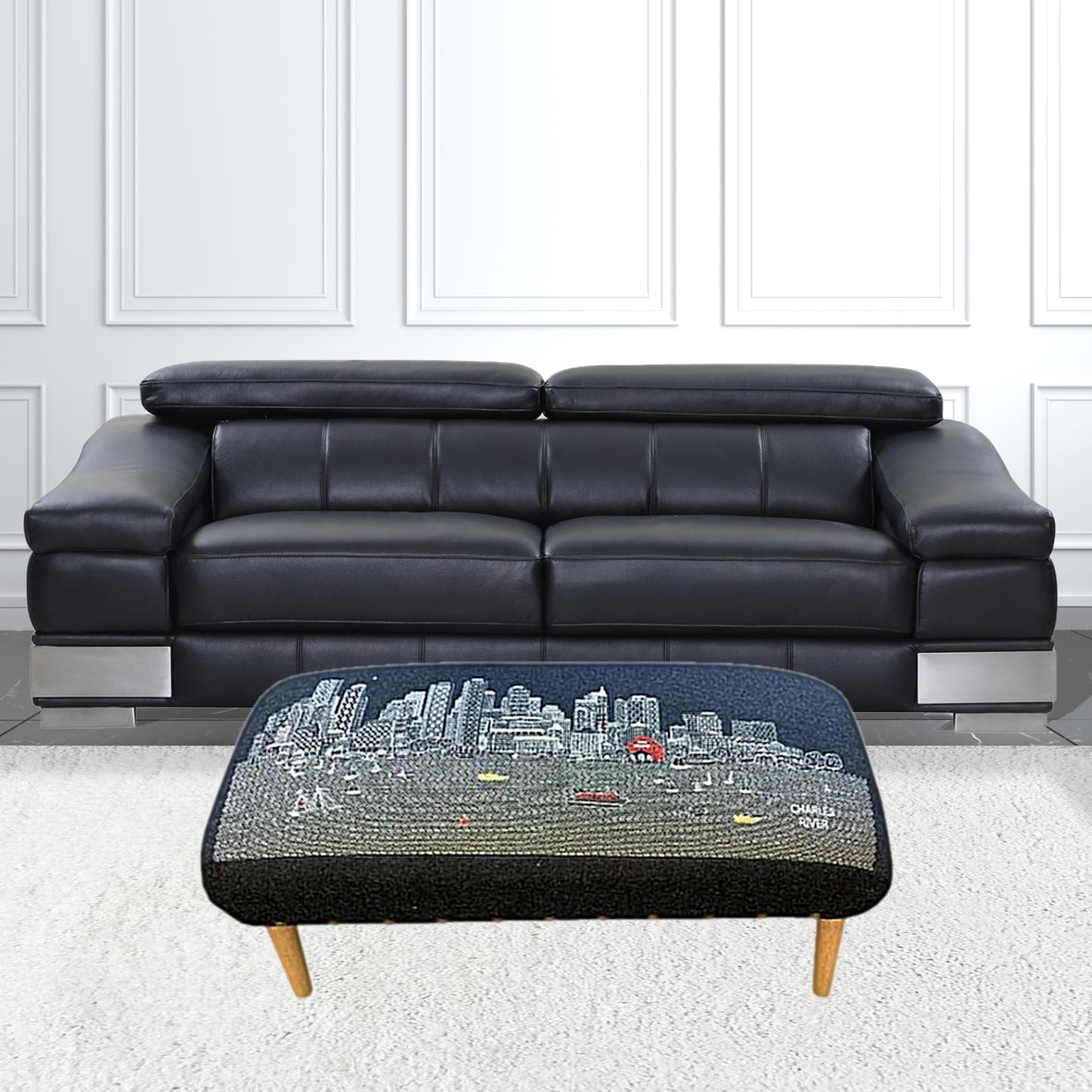 38" Black Boston Nighttime Skyline Embroidered Ottoman By Homeroots | Ottomans | Modishstore