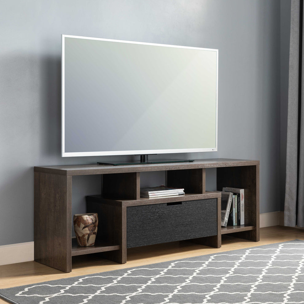60" Walnut Oak And Black Manufactured Wood Cabinet Enclosed Storage TV Stand By Homeroots | TV Stands | Modishstore - 7