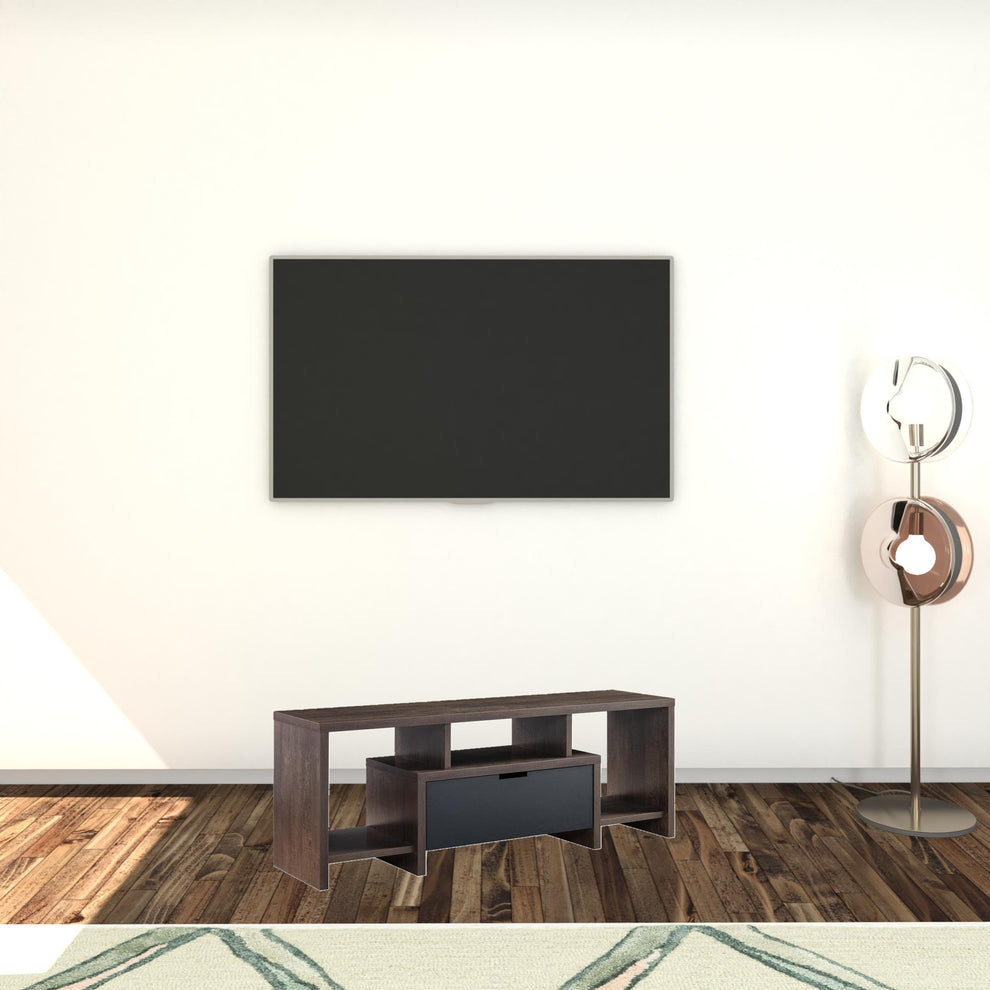 60" Walnut Oak And Black Manufactured Wood Cabinet Enclosed Storage TV Stand By Homeroots | TV Stands | Modishstore - 4