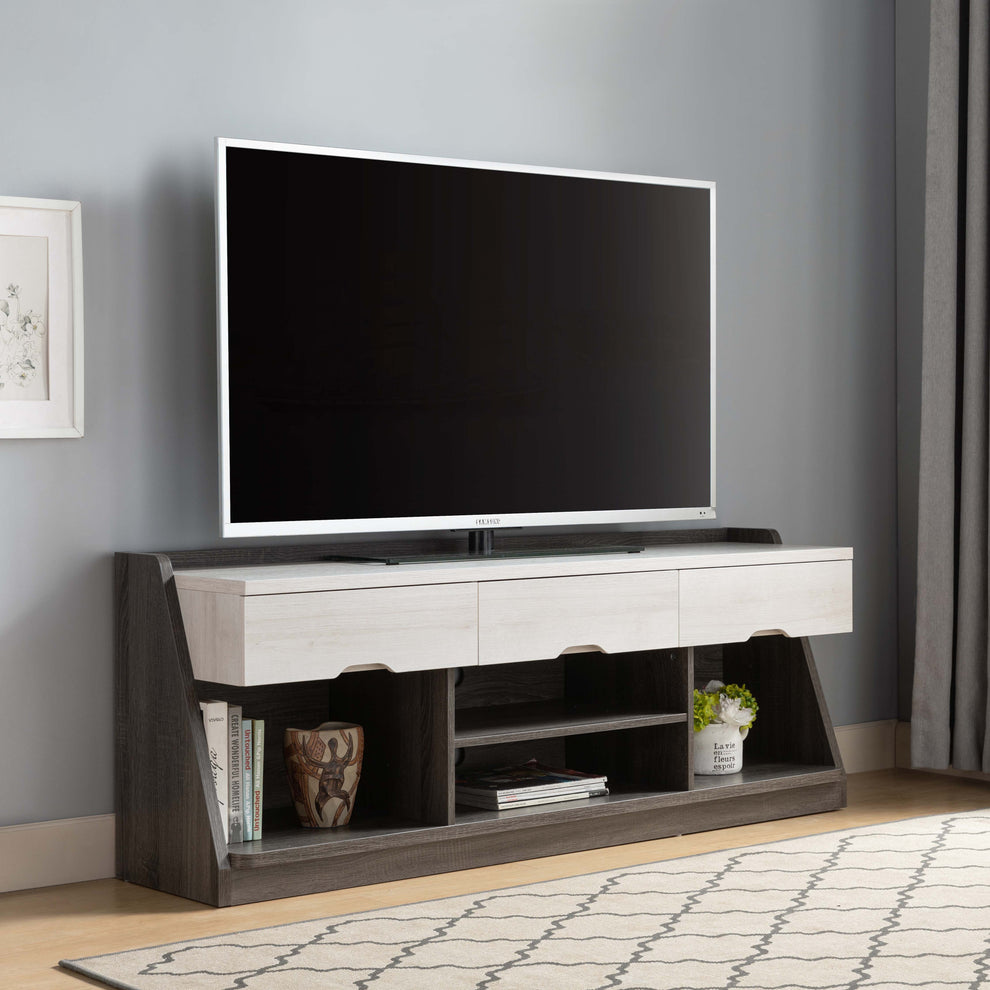 62" White Oak & Distressed Grey Particle Board Cabinetenclosed Storage TV Stand By Homeroots | TV Stands | Modishstore - 3