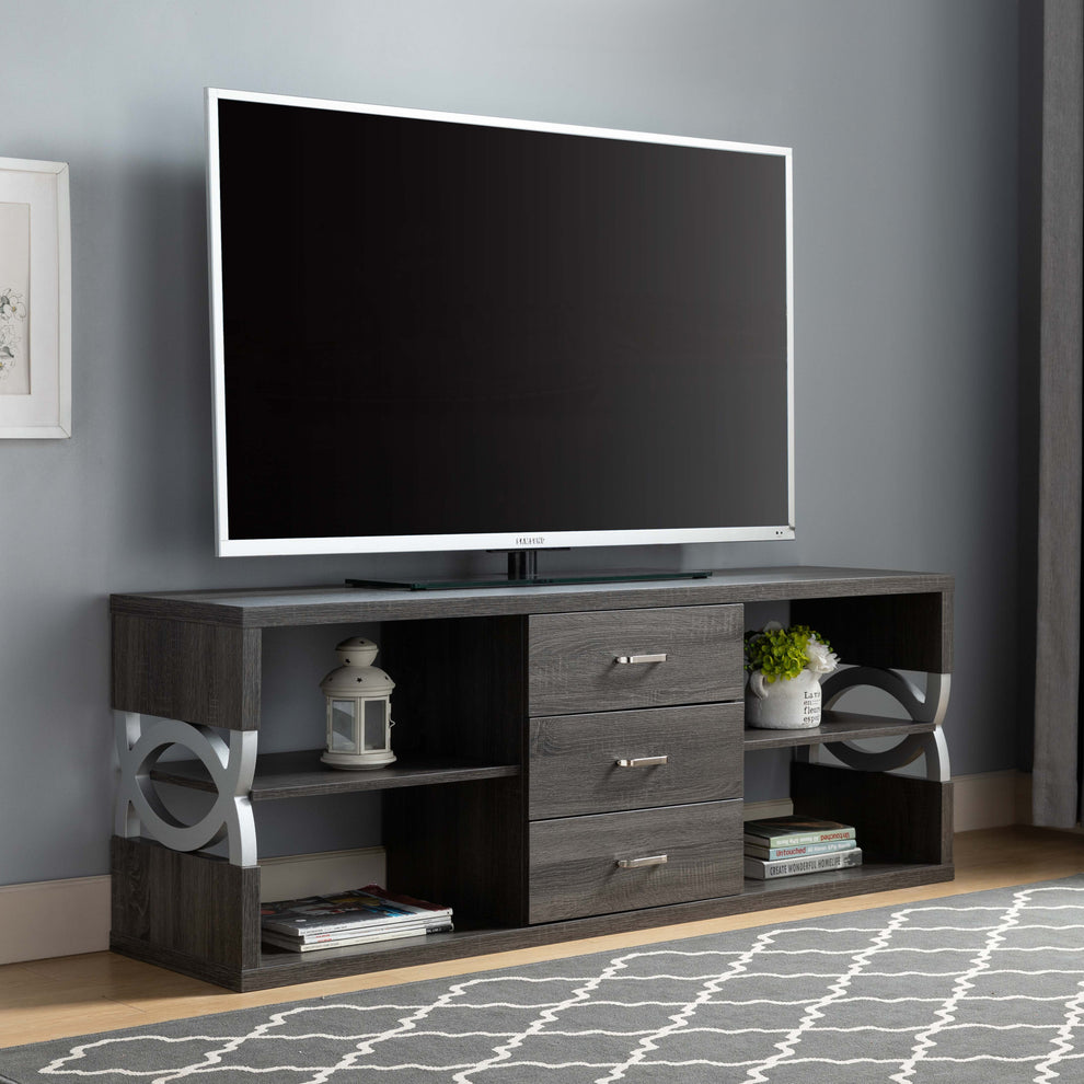 60" Distressed Grey And Silver Manufactured Wood Cabinet Enclosed Storage TV Stand By Homeroots | TV Stands | Modishstore - 6