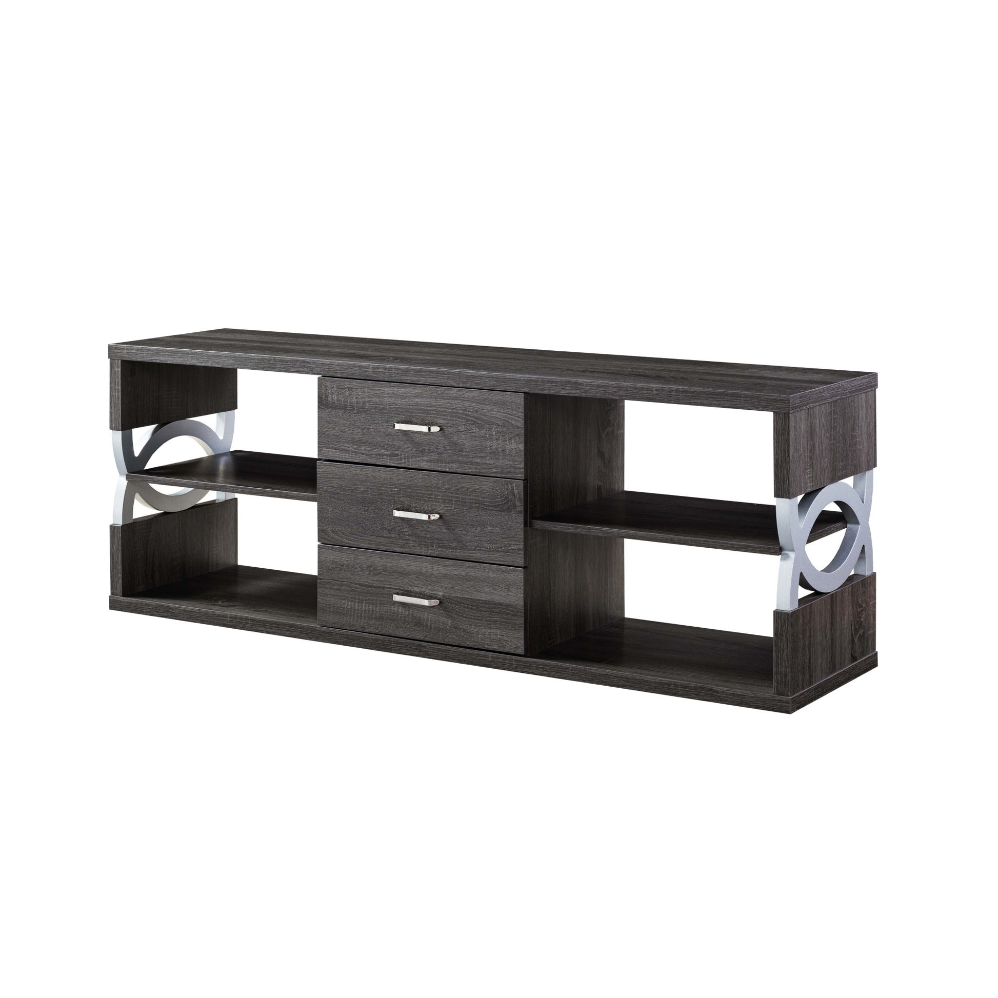 60" Distressed Grey And Silver Manufactured Wood Cabinet Enclosed Storage TV Stand By Homeroots | TV Stands | Modishstore - 2