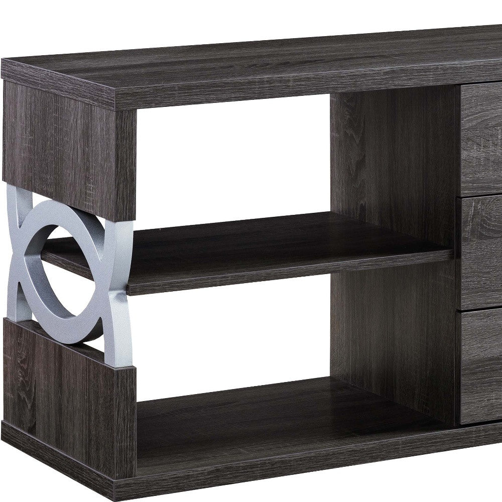 60" Distressed Grey And Silver Manufactured Wood Cabinet Enclosed Storage TV Stand By Homeroots | TV Stands | Modishstore - 4