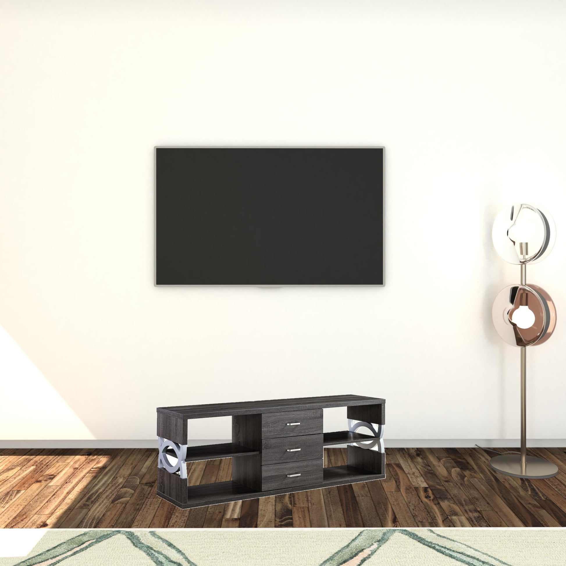 60" Distressed Grey And Silver Manufactured Wood Cabinet Enclosed Storage TV Stand By Homeroots | TV Stands | Modishstore - 3