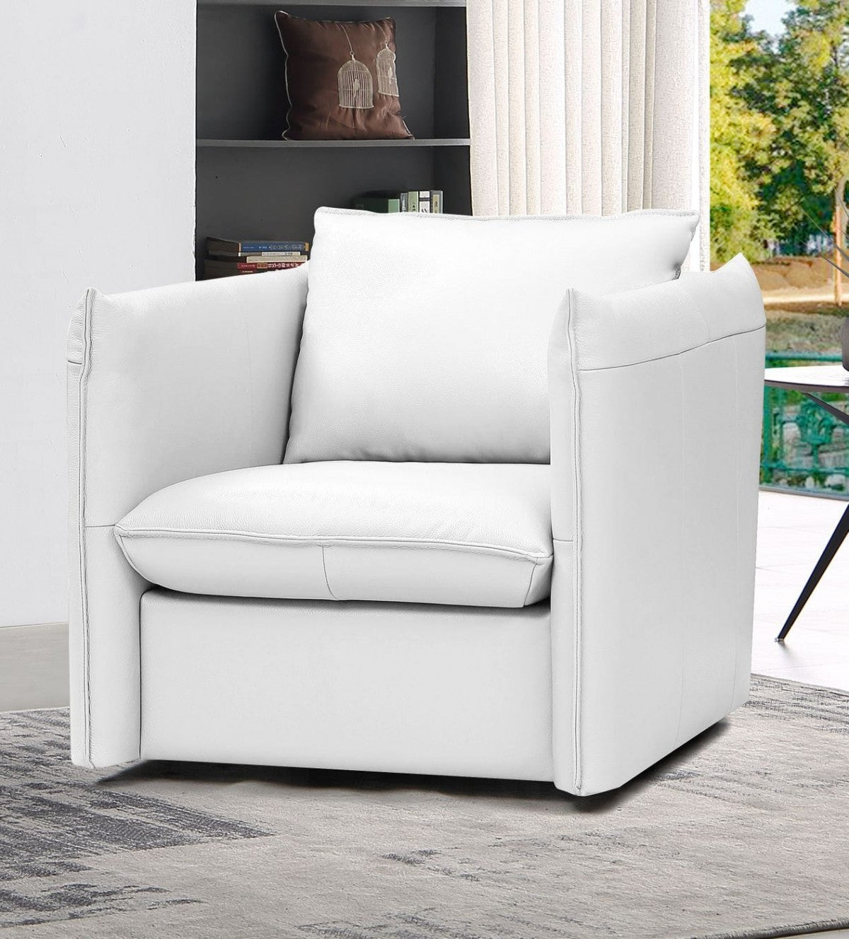 36" White Genuine Leather And Silver Swivel Accent Chair By Homeroots