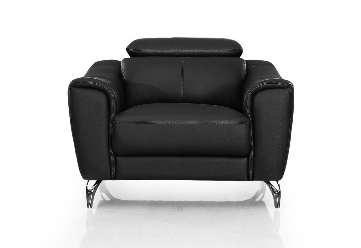 42" Black Genuine Leather And Silver Solid Color Lounge Chair By Homeroots | Armchairs | Modishstore - 2