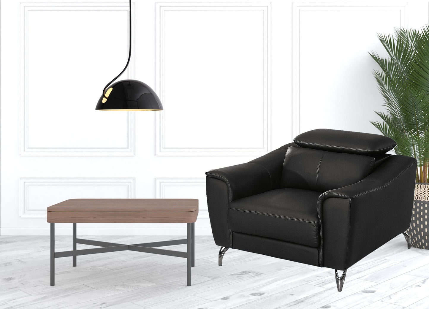 42" Black Genuine Leather And Silver Solid Color Lounge Chair By Homeroots | Armchairs | Modishstore - 5