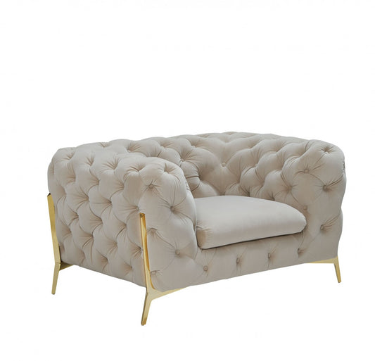 50" Beige Tufted Velvet And Gold Solid Color Lounge Chair By Homeroots | Armchairs | Modishstore