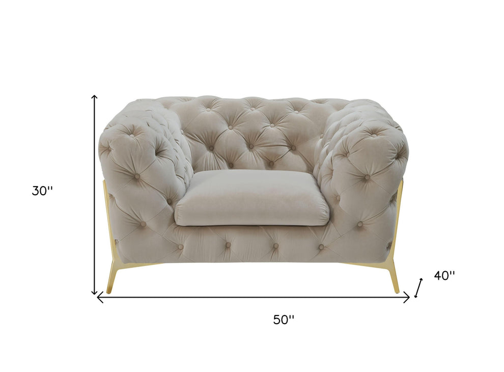 50" Beige Tufted Velvet And Gold Solid Color Lounge Chair By Homeroots | Armchairs | Modishstore - 6