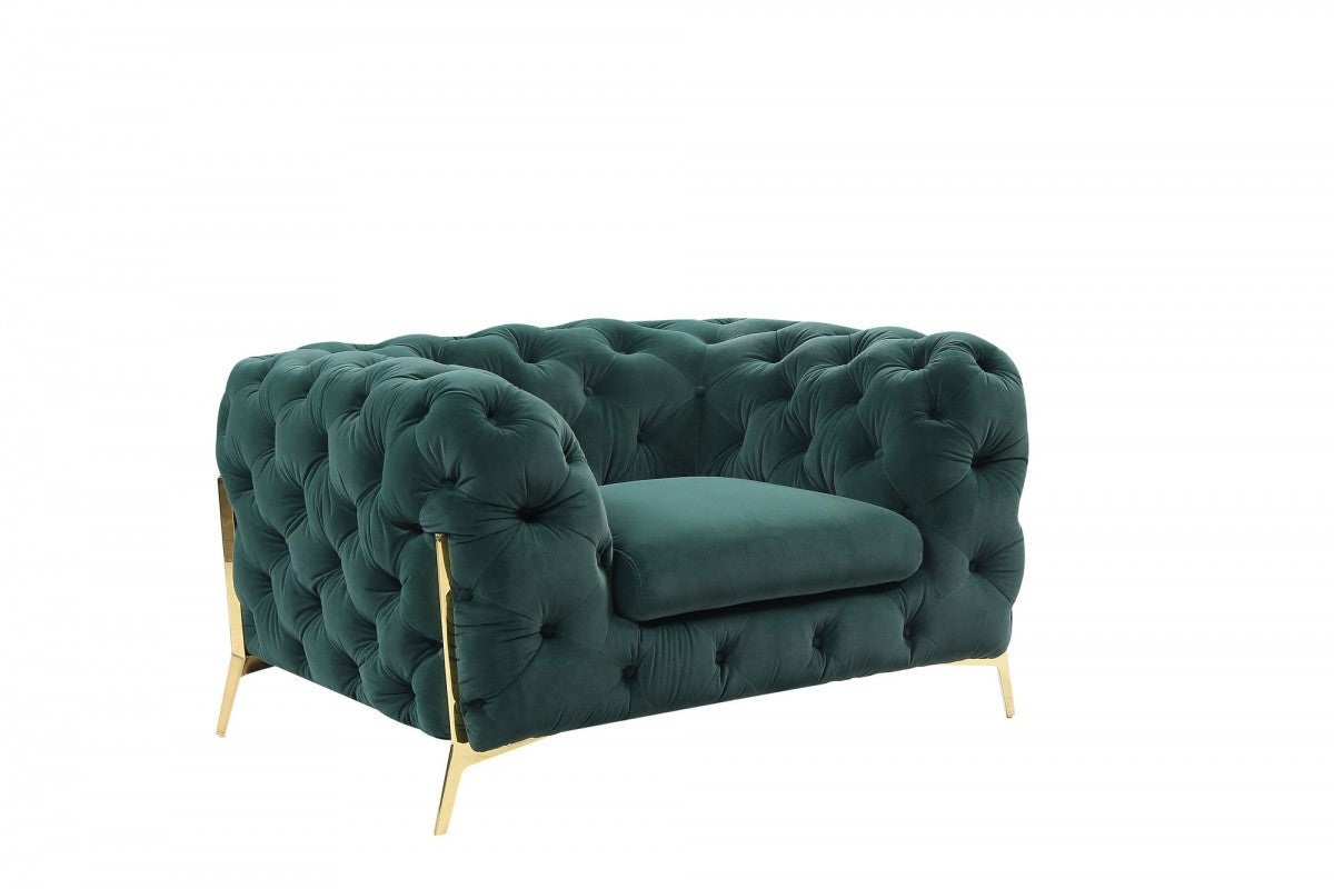 50" Green Tufted Velvet And Gold Solid Color Lounge Chair By Homeroots | Armchairs | Modishstore - 2