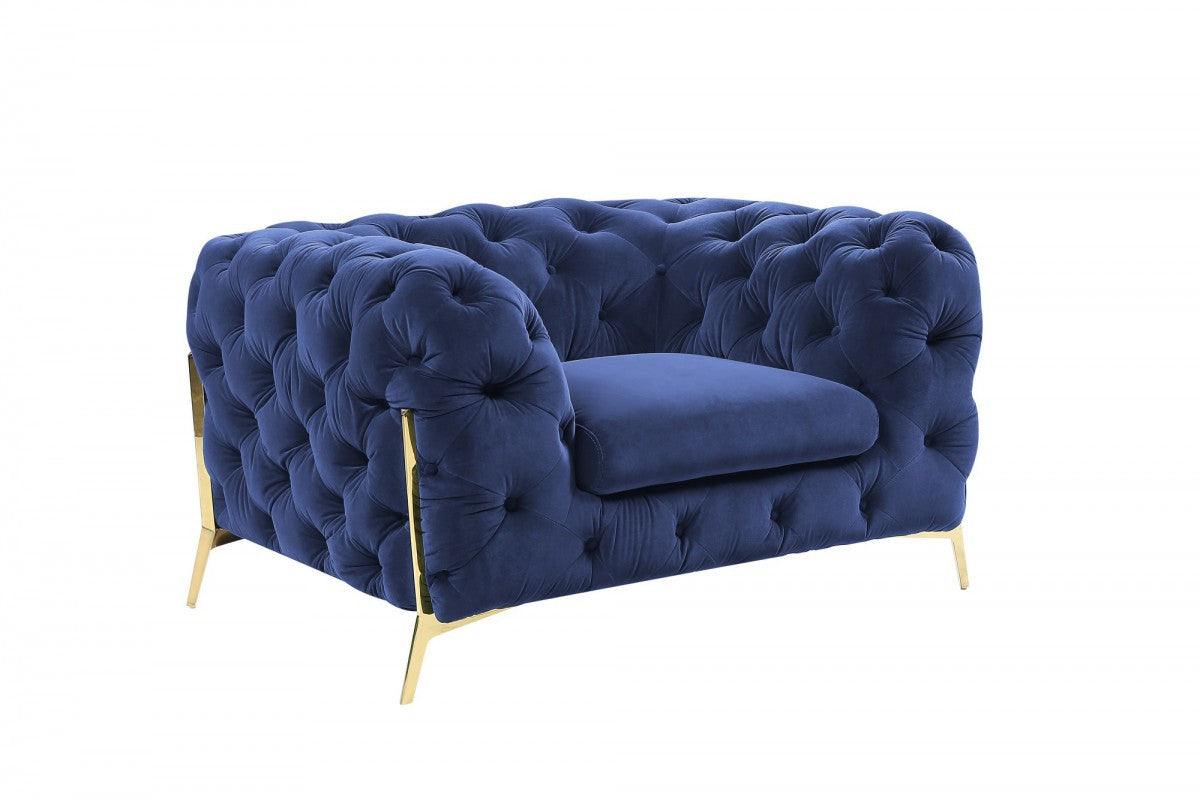 50" Blue Tufted Velvet And Gold Solid Color Lounge Chair By Homeroots
