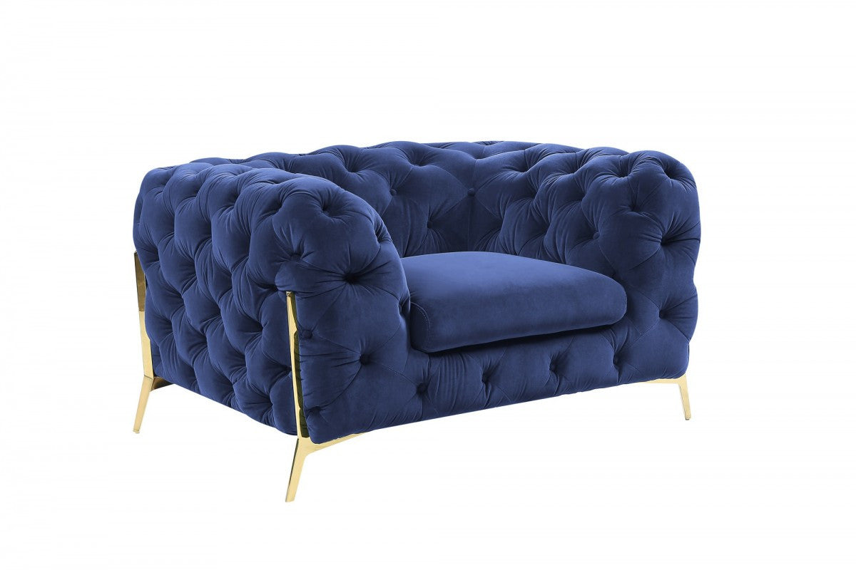 50" Blue Tufted Velvet And Gold Solid Color Lounge Chair By Homeroots | Armchairs | Modishstore - 2