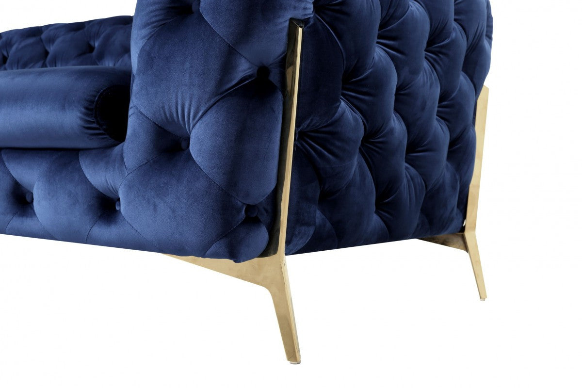 50" Blue Tufted Velvet And Gold Solid Color Lounge Chair By Homeroots | Armchairs | Modishstore - 5